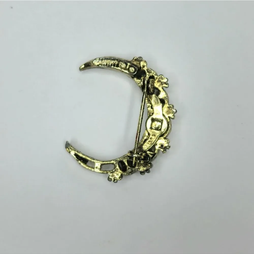 Vintage signed gold red crescent brooch